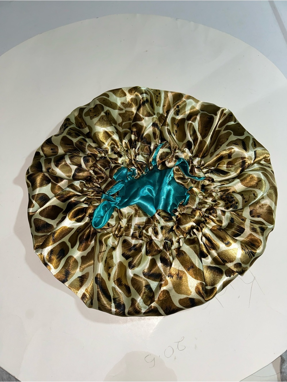 Satin Turquoise Sleep Bonnet with Leopard Accent - Picture 2 of 3